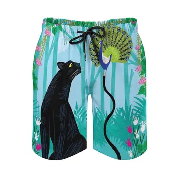 Паун и Пантера, нови мъжки къси панталони за плуване, бързо съхнещи плажни бански костюми, модни шорти за волейбол, Животни, Птици, 