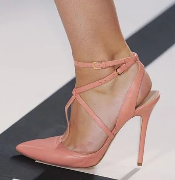 Пикантни Розово-бели Кожени обувки-лодки, Дамски обувки, Сандали с Остри пръсти и Преминаването каишка, 2019 г., женски модел обувки за Банкет