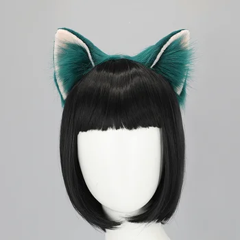 Плюшени зелени котешки уши, реалистична превръзка на главата в стил Лолита, аксесоари за cosplay в стил Вълк, уши на животни за момичета ръчно изработени шапки за Хелоуин, Kawai