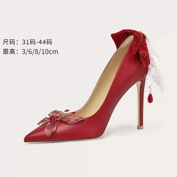 Пролет-лято фини обувки с червени остри кичури и носа на тънък висок ток, банкет рокля, универсална дамски обувки голям и малък размер