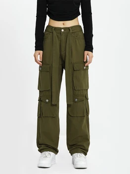 Реколта армейските зелени панталони-карго, широки дънки, дамска мода на 90-те години, градинска дрехи с джобове, Широки пъхтя крака, висока талия, прав дънкови панталони Y2k