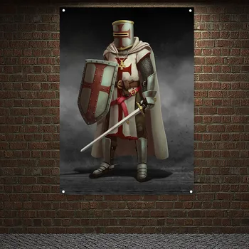 Ретро плакати с воин в доспехи крестоносца, живопис върху платно, знамето на рицарите Тамплиери, монтиран на стената художествен банер, Декорация на дома, стенни картини, стикер на стената E5