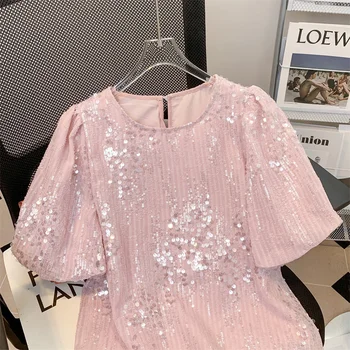 Розово кайсии блестящ топ с пайети, къс ръкав, Дамски лятна блуза, 2023, Риза с къс ръкав-фенерче