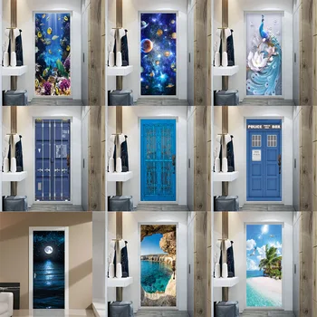 Самозалепващи 3D стикер на вратата с облекчение, плаж, морски тапети, Дизайнерски врати на дома, за декорация, 3D стикер с природни гледки, тапети