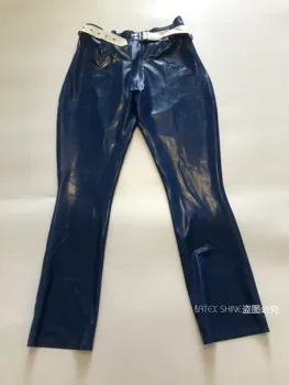 Секси мъжки сини латексови фетиш-панталон с джобове в гумени дънки с колан и преден цип