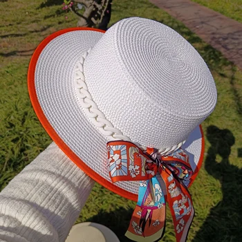 Сламена шапка с широка периферия, солнцезащитная плажна шапка, цветен вязаная верига, шапка в тон с елегантна френска дамски Панама с плосък връх Шапка 