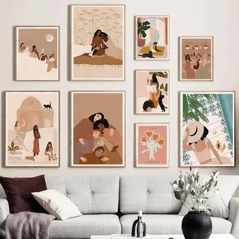 Стенни картина с черна котка и едно момиче за печат в хола, овластяване на жените, монтиране на изкуството, платно картина, женски плакат