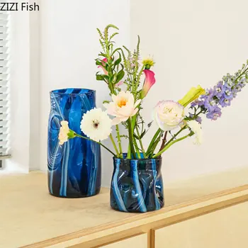 Стъклена Ваза в синьо райе с Неправилна форма, Украса на масата, вази, саксии за Цветя за хидропоника, Декоративни цветя договореност, Модерен интериор