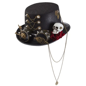 Унисекс, steampunk, шапки, костюми за Хелоуин, черната готическа шапка с виртуален скелет и роза за мъже и жени, и да се обличаш