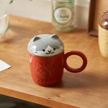 Чаша с релефни под формата на животно с капак, креативна керамична чаша за кафе, чаша за закуска, офис чаша за чай, чаша за вода