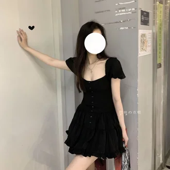 Черни дантелени рокли трапецовидна форма, с висока талия, за жени и момичета Y2K Лято Harajuku Реколта градинска облекло Сладка мини рокля в готически стил хипи Kawai