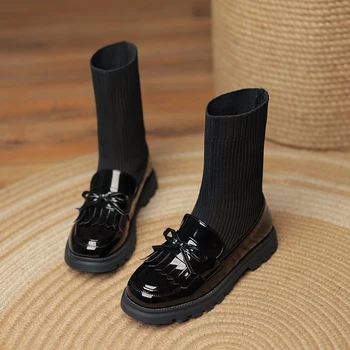 Чорапи с ресни, ботуши на супер малки, сладки ботильоны, вязаная вълнена ред, ярки студентски еластична обувки от лачена кожа