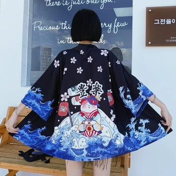 Японското кимоно с флорални принтом Котка, жилетка, харадзюку, традиционен женски cosplay, юката, женски Оби, черна градинска дрехи, плаж Хаори
